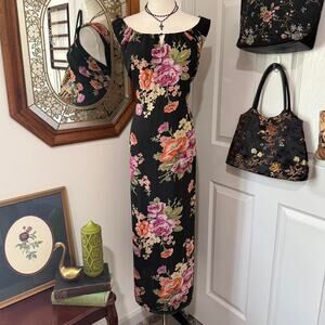 VTG Y2K Jones New York Sport Black & Multicolor Floral Silk Keyhole Maxi Dress